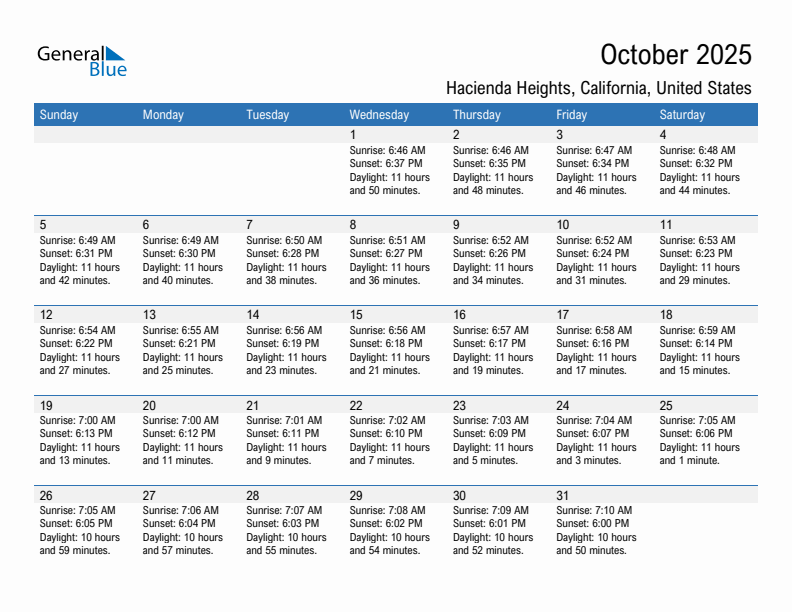 Hacienda Heights October 2025 sunrise and sunset calendar in PDF, Excel, and Word