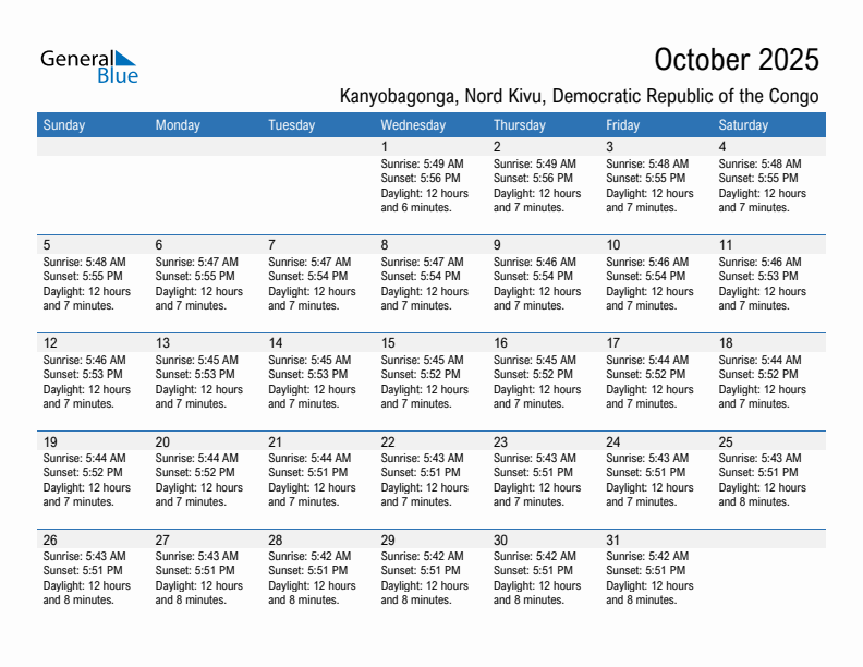 Kanyobagonga October 2025 sunrise and sunset calendar in PDF, Excel, and Word