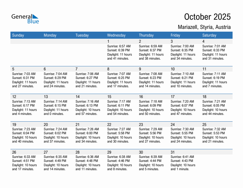 Mariazell October 2025 sunrise and sunset calendar in PDF, Excel, and Word