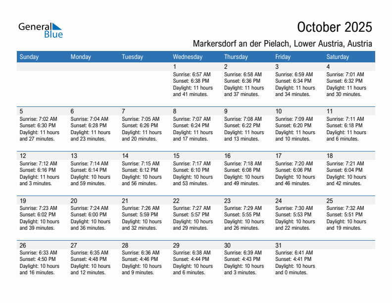 Markersdorf an der Pielach October 2025 sunrise and sunset calendar in PDF, Excel, and Word