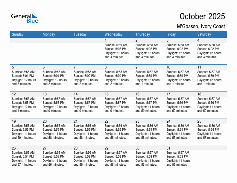 M'Gbasso October 2025 sunrise and sunset calendar in PDF, Excel, and Word