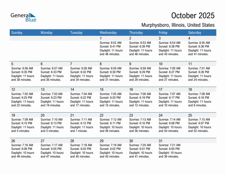 Murphysboro October 2025 sunrise and sunset calendar in PDF, Excel, and Word