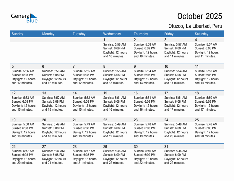 Otuzco October 2025 sunrise and sunset calendar in PDF, Excel, and Word