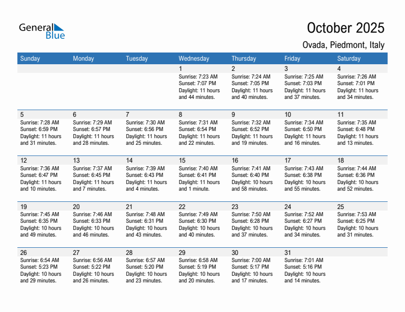 Ovada October 2025 sunrise and sunset calendar in PDF, Excel, and Word