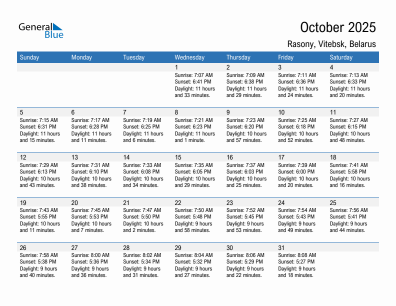 Rasony October 2025 sunrise and sunset calendar in PDF, Excel, and Word