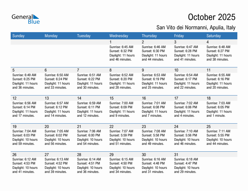 San Vito dei Normanni October 2025 sunrise and sunset calendar in PDF, Excel, and Word