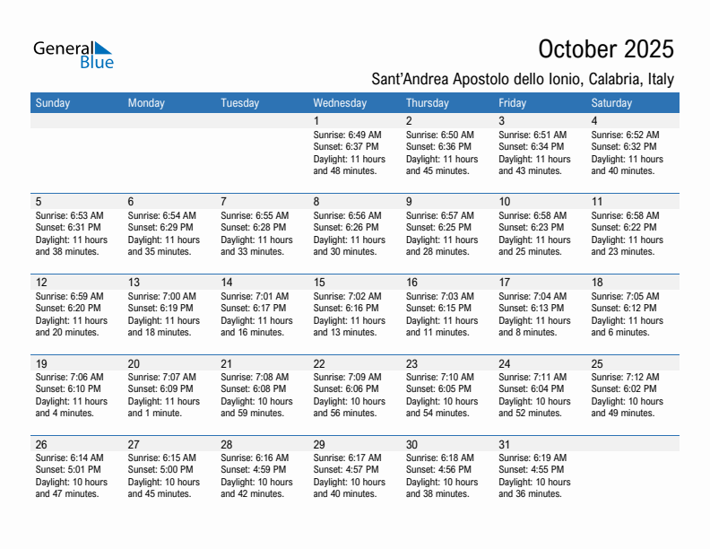 Sant'Andrea Apostolo dello Ionio October 2025 sunrise and sunset calendar in PDF, Excel, and Word