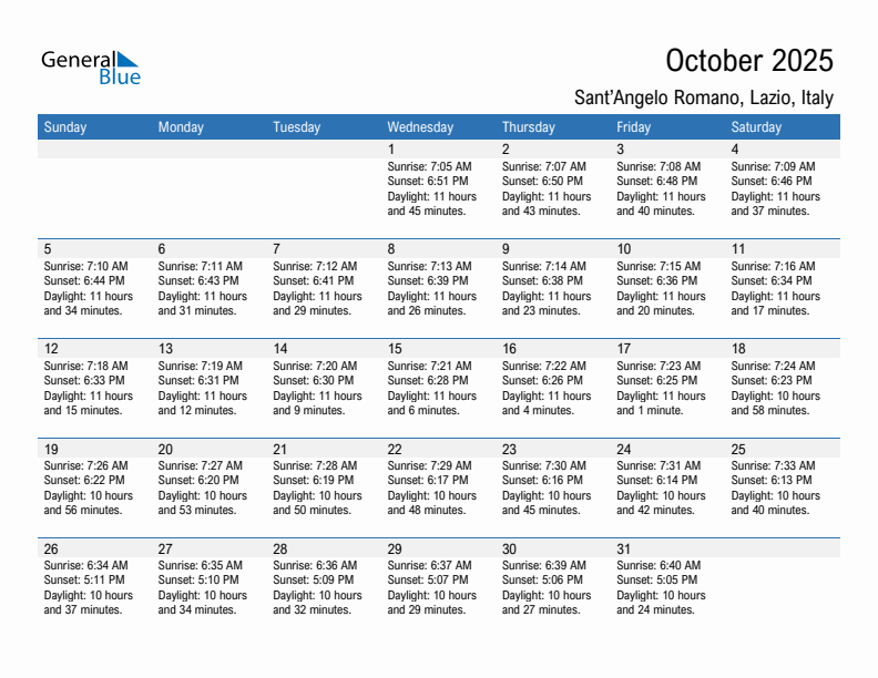 Sant'Angelo Romano October 2025 sunrise and sunset calendar in PDF, Excel, and Word