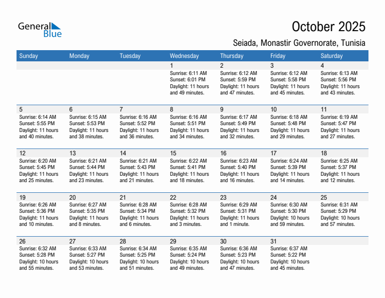 Seiada October 2025 sunrise and sunset calendar in PDF, Excel, and Word