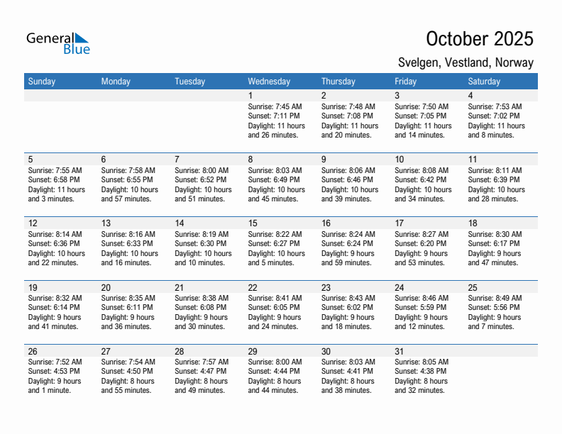 Svelgen October 2025 sunrise and sunset calendar in PDF, Excel, and Word
