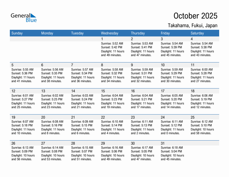 Takahama October 2025 sunrise and sunset calendar in PDF, Excel, and Word