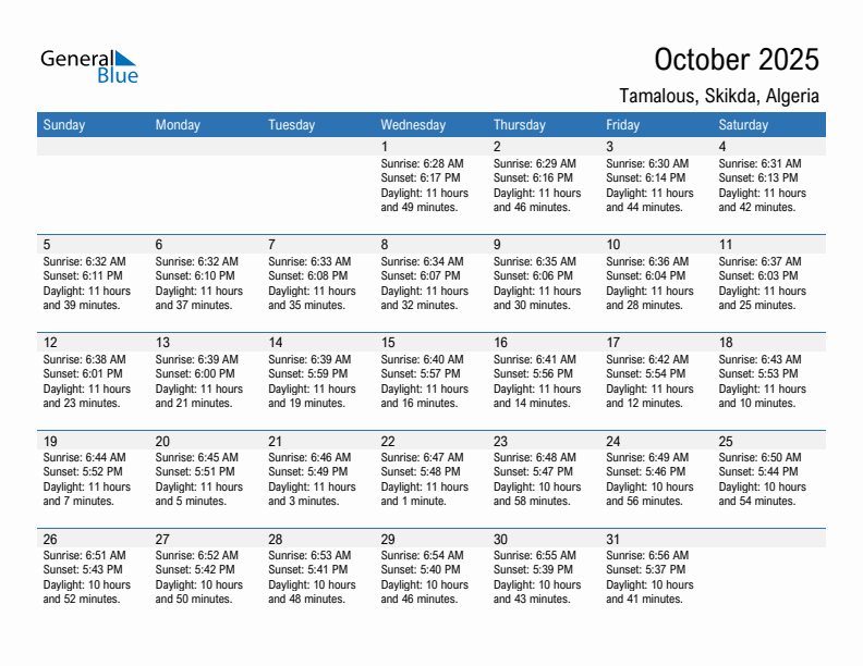 Tamalous October 2025 sunrise and sunset calendar in PDF, Excel, and Word