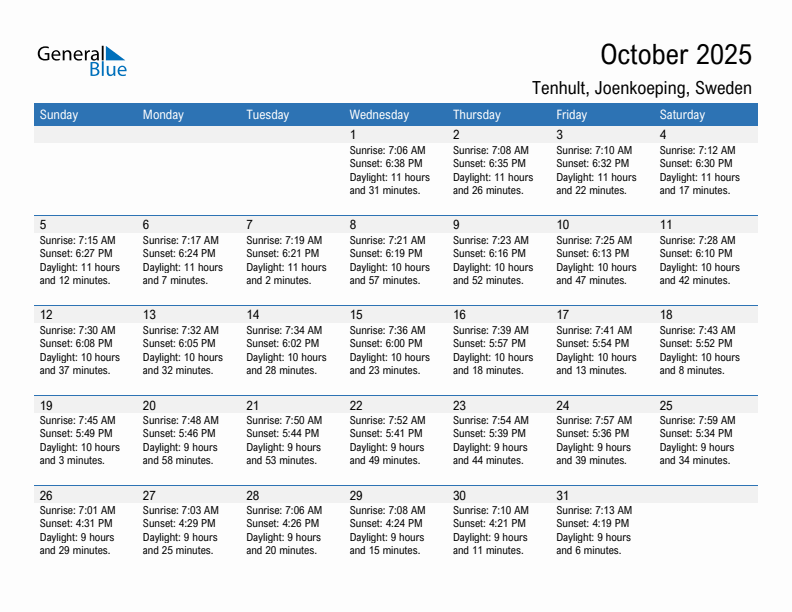 Tenhult October 2025 sunrise and sunset calendar in PDF, Excel, and Word