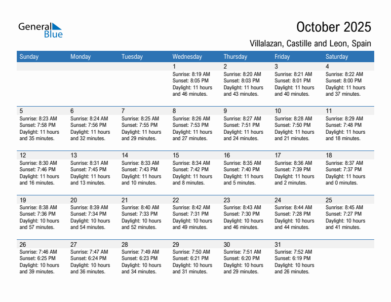 Villalazan October 2025 sunrise and sunset calendar in PDF, Excel, and Word