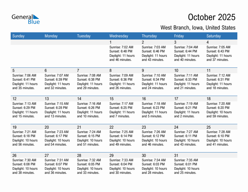 West Branch October 2025 sunrise and sunset calendar in PDF, Excel, and Word