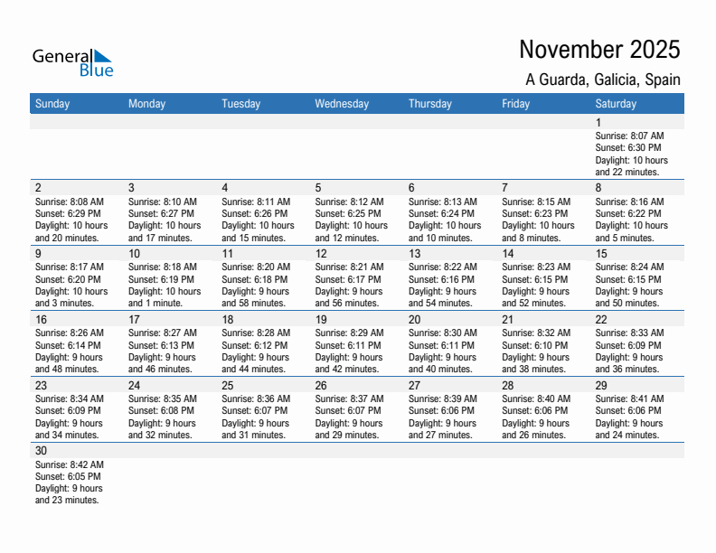 A Guarda November 2025 sunrise and sunset calendar in PDF, Excel, and Word