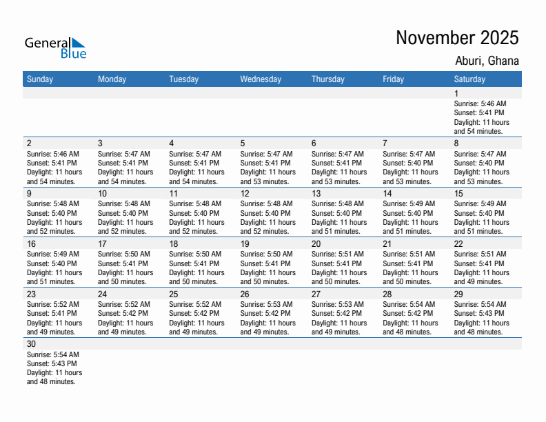 Aburi November 2025 sunrise and sunset calendar in PDF, Excel, and Word