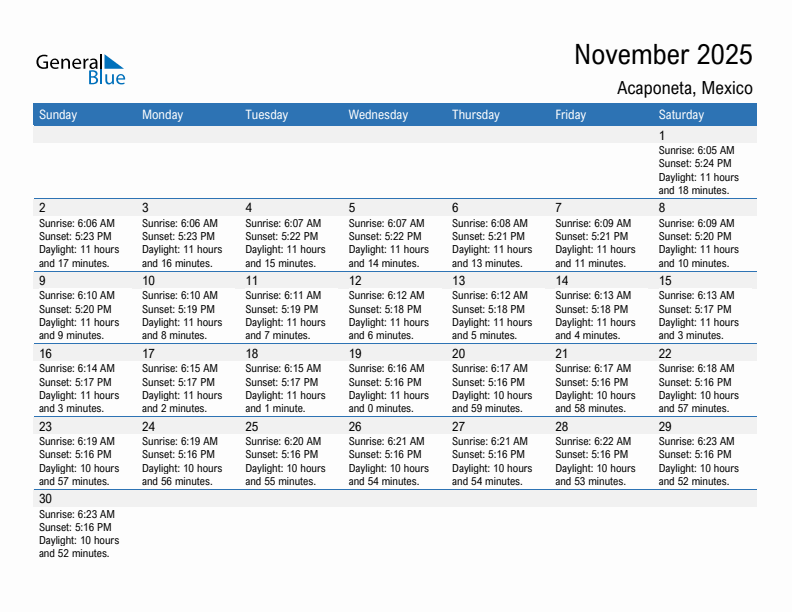 Acaponeta November 2025 sunrise and sunset calendar in PDF, Excel, and Word