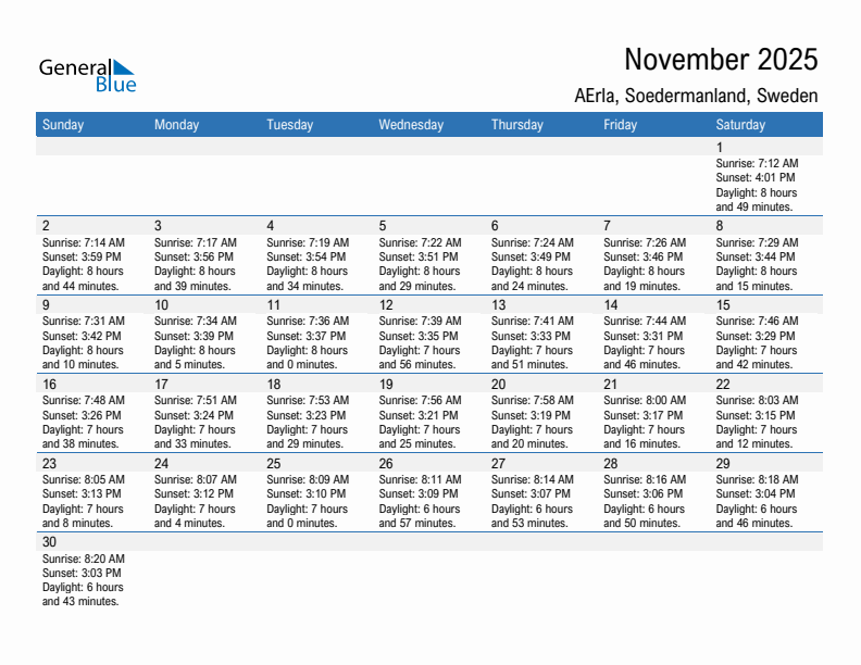 AErla November 2025 sunrise and sunset calendar in PDF, Excel, and Word