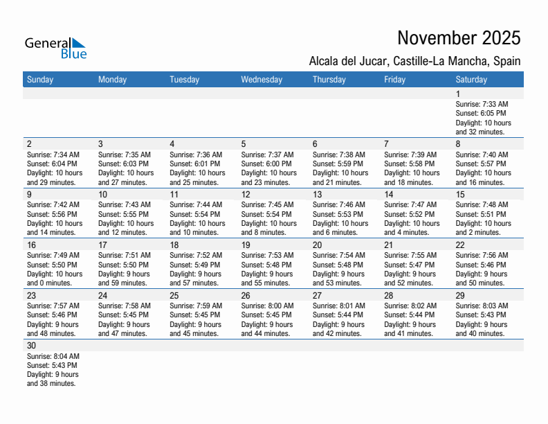 Alcala del Jucar November 2025 sunrise and sunset calendar in PDF, Excel, and Word