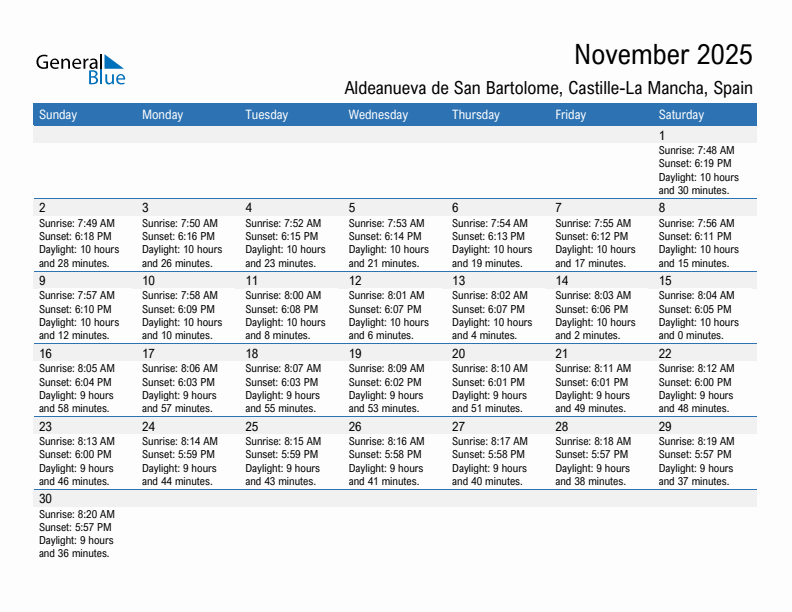 Aldeanueva de San Bartolome November 2025 sunrise and sunset calendar in PDF, Excel, and Word