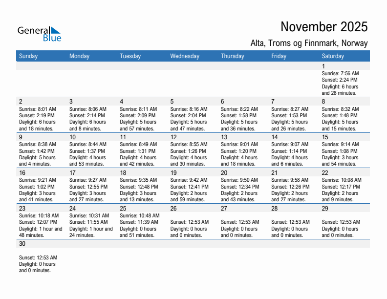 Alta November 2025 sunrise and sunset calendar in PDF, Excel, and Word