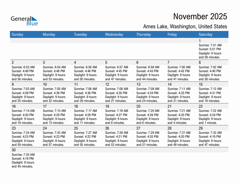 Ames Lake November 2025 sunrise and sunset calendar in PDF, Excel, and Word