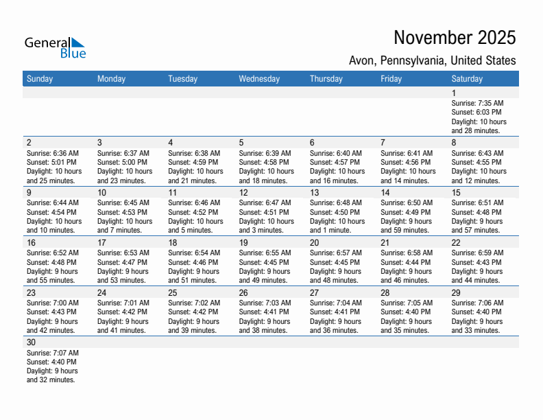 Avon November 2025 sunrise and sunset calendar in PDF, Excel, and Word