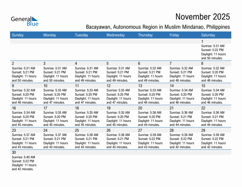 Bacayawan November 2025 sunrise and sunset calendar in PDF, Excel, and Word