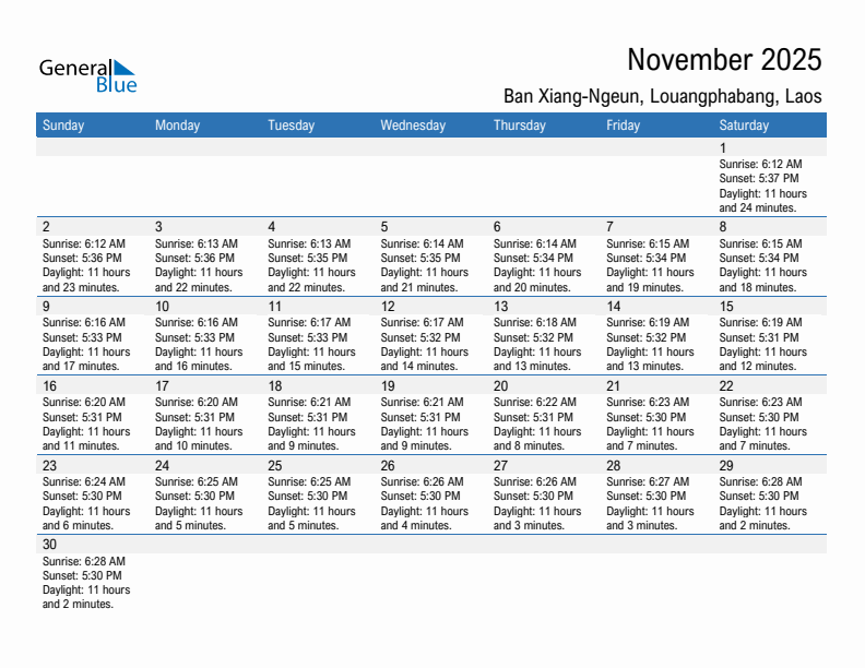 Ban Xiang-Ngeun November 2025 sunrise and sunset calendar in PDF, Excel, and Word