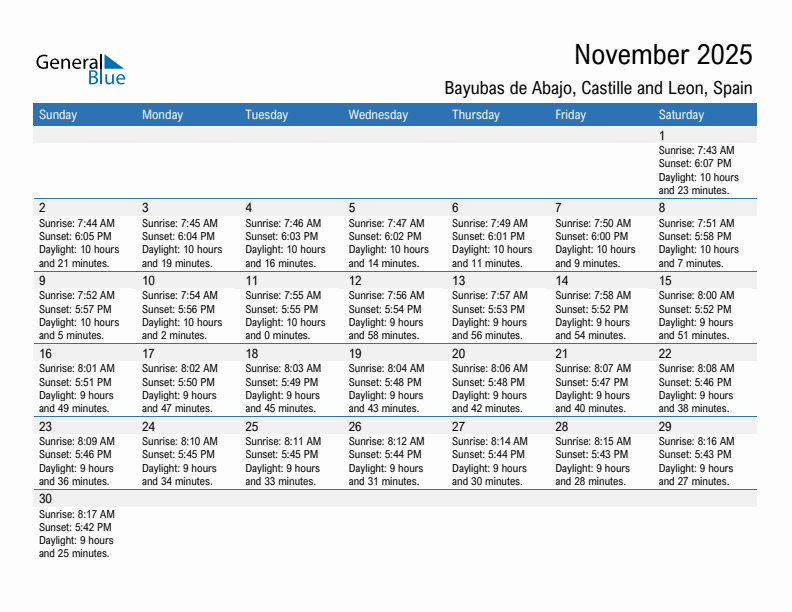 Bayubas de Abajo November 2025 sunrise and sunset calendar in PDF, Excel, and Word