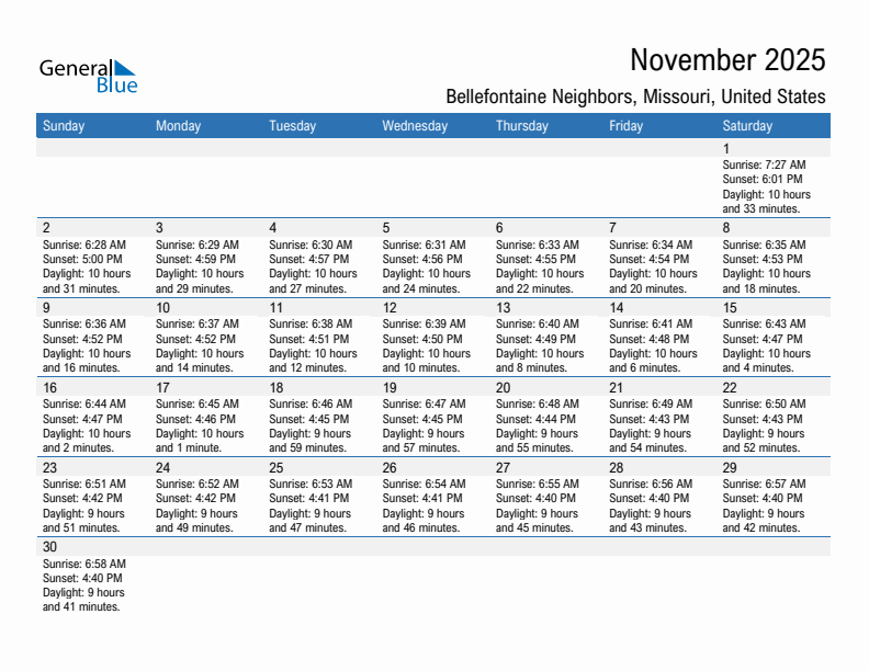 Bellefontaine Neighbors November 2025 sunrise and sunset calendar in PDF, Excel, and Word