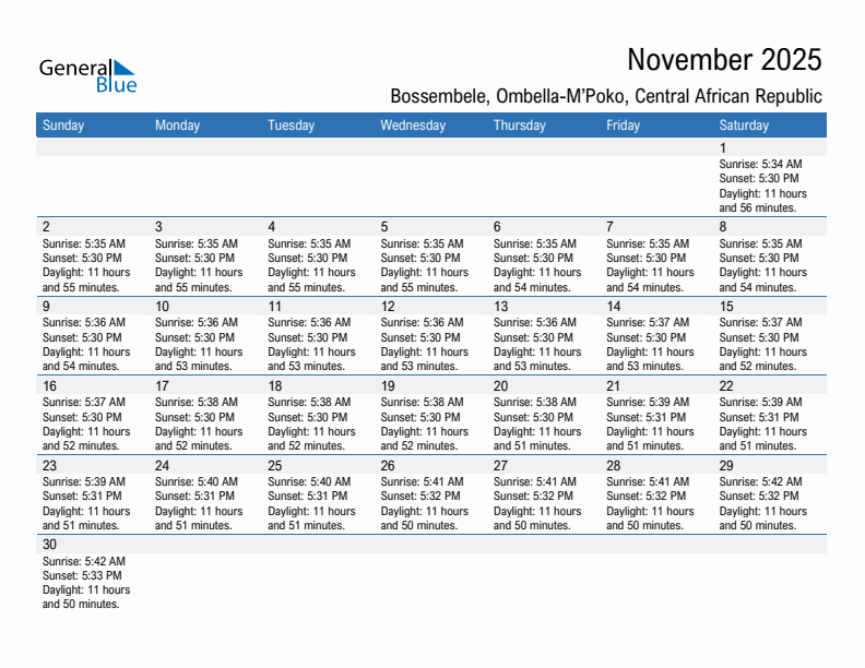 Bossembele November 2025 sunrise and sunset calendar in PDF, Excel, and Word