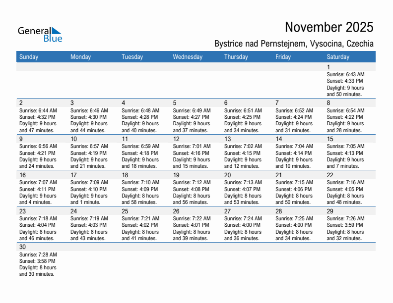 Bystrice nad Pernstejnem November 2025 sunrise and sunset calendar in PDF, Excel, and Word