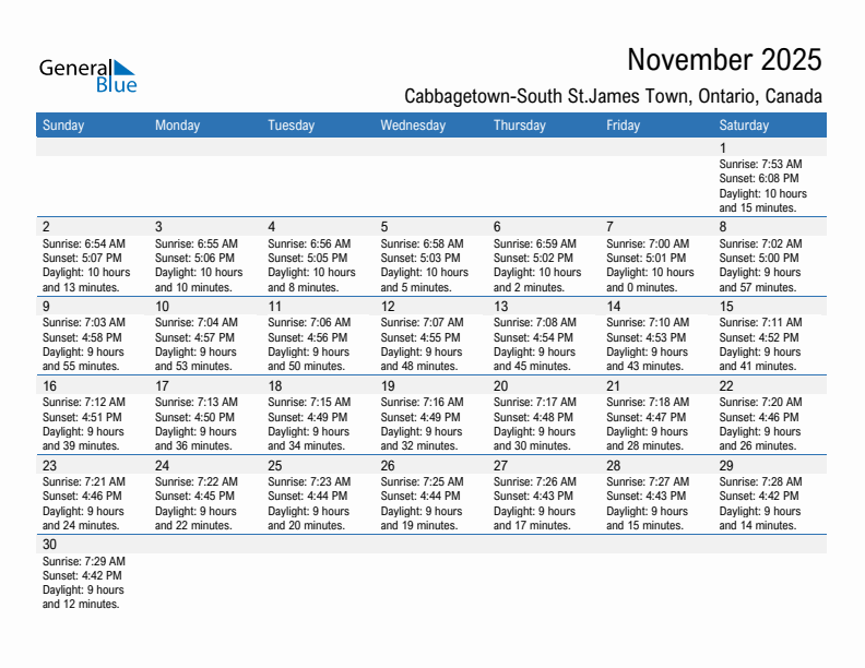 Cabbagetown-South St.James Town November 2025 sunrise and sunset calendar in PDF, Excel, and Word