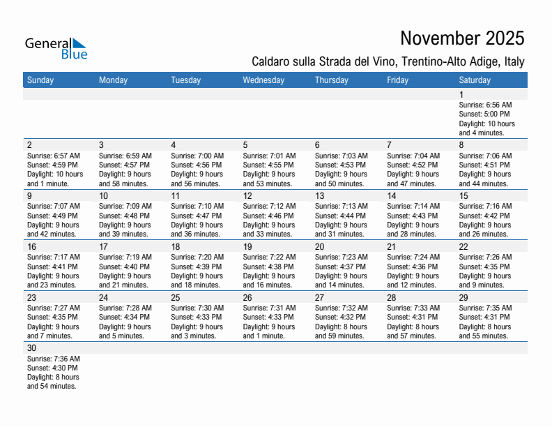 Caldaro sulla Strada del Vino November 2025 sunrise and sunset calendar in PDF, Excel, and Word