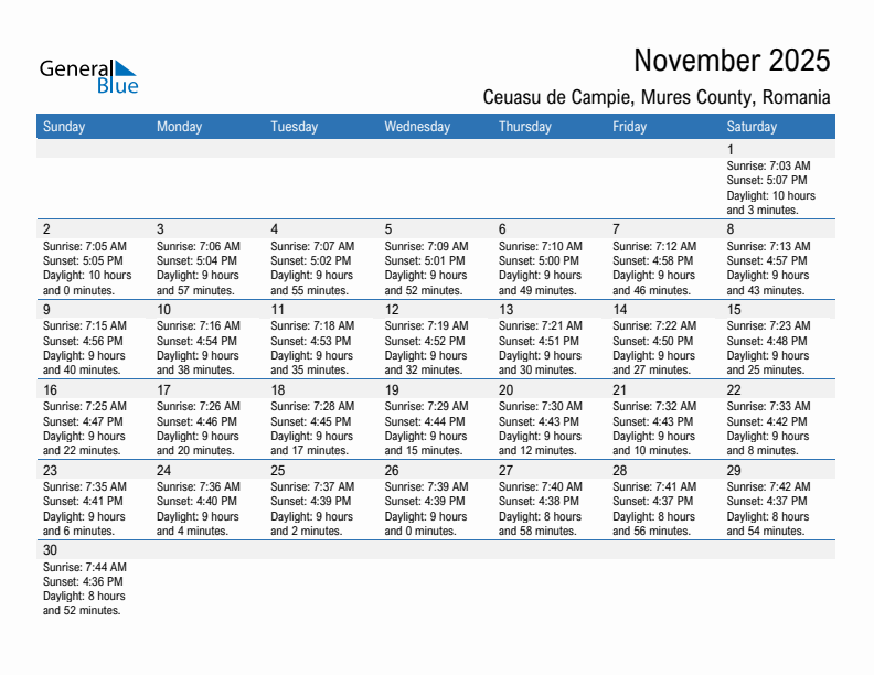 Ceuasu de Campie November 2025 sunrise and sunset calendar in PDF, Excel, and Word