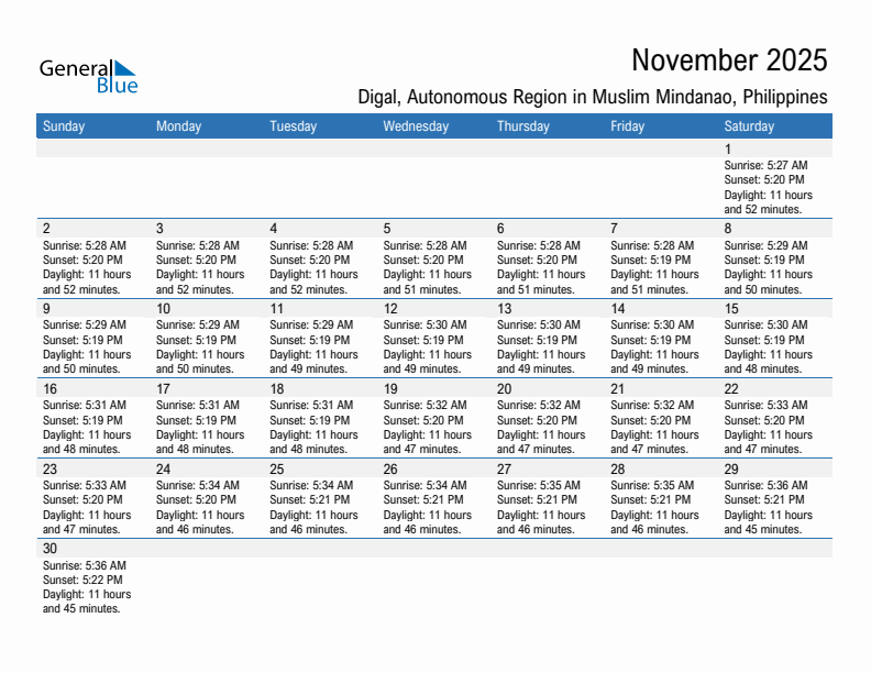 Digal November 2025 sunrise and sunset calendar in PDF, Excel, and Word