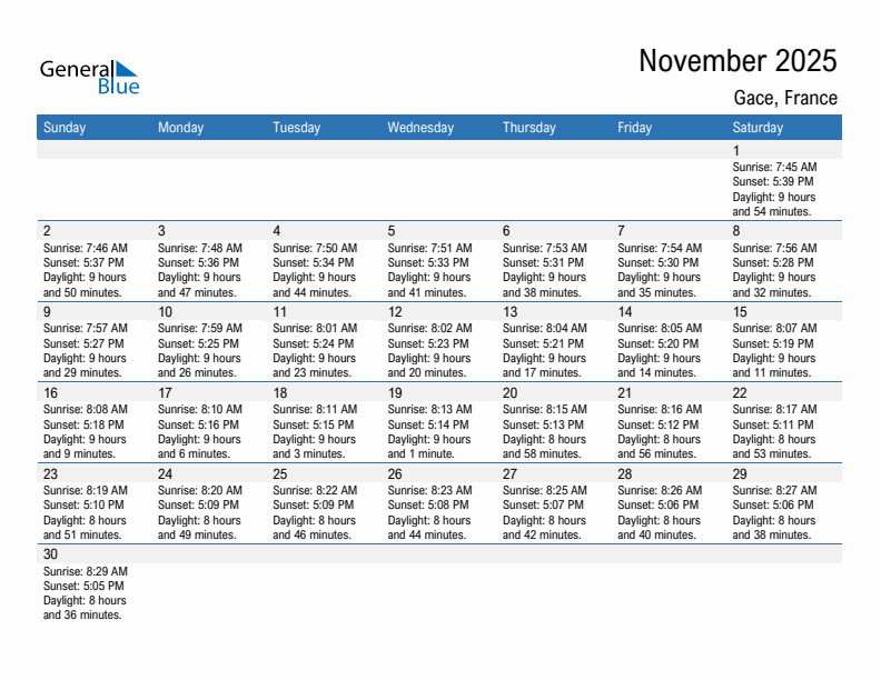 Gace November 2025 sunrise and sunset calendar in PDF, Excel, and Word