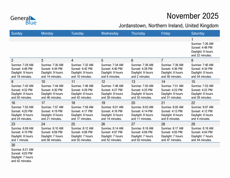 Jordanstown November 2025 sunrise and sunset calendar in PDF, Excel, and Word