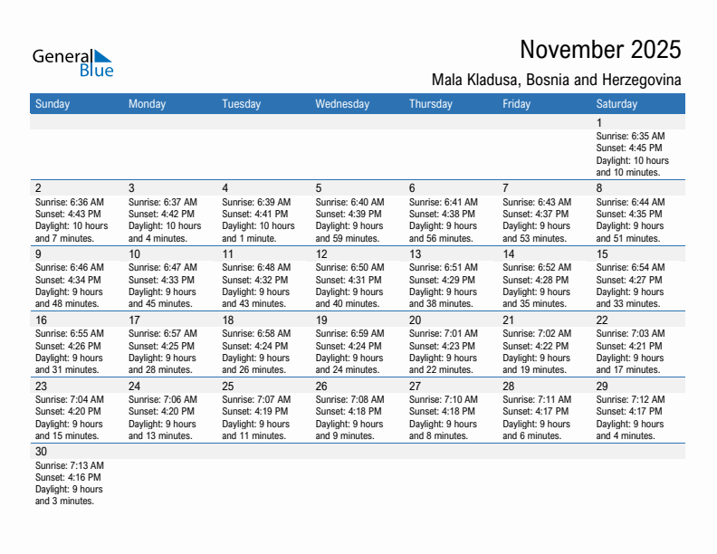 Mala Kladusa November 2025 sunrise and sunset calendar in PDF, Excel, and Word