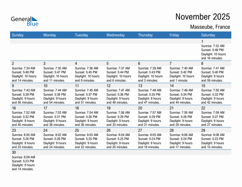 Masseube November 2025 sunrise and sunset calendar in PDF, Excel, and Word