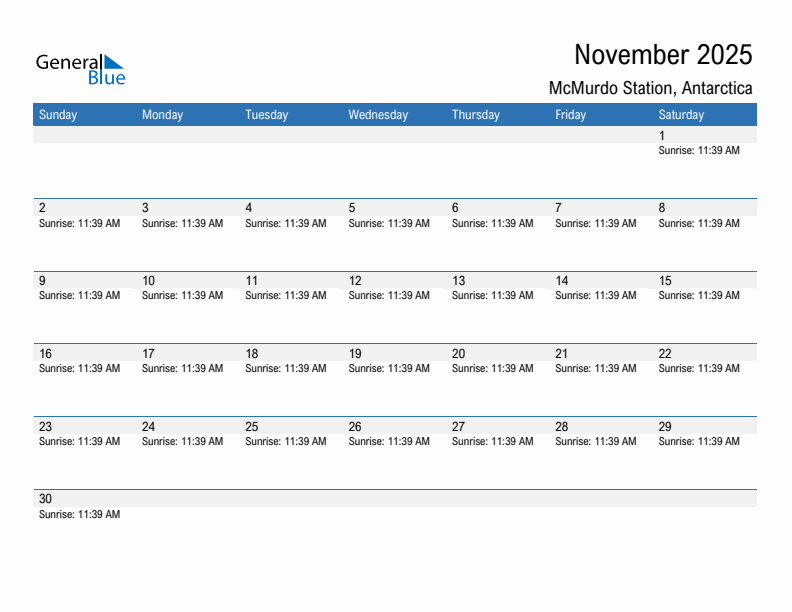 McMurdo Station November 2025 sunrise and sunset calendar in PDF, Excel, and Word