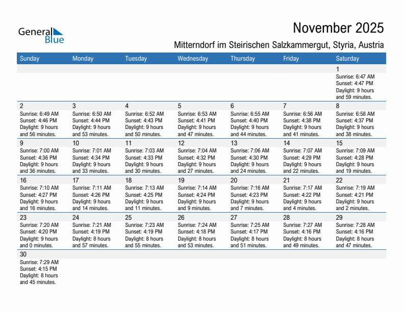 Mitterndorf im Steirischen Salzkammergut November 2025 sunrise and sunset calendar in PDF, Excel, and Word