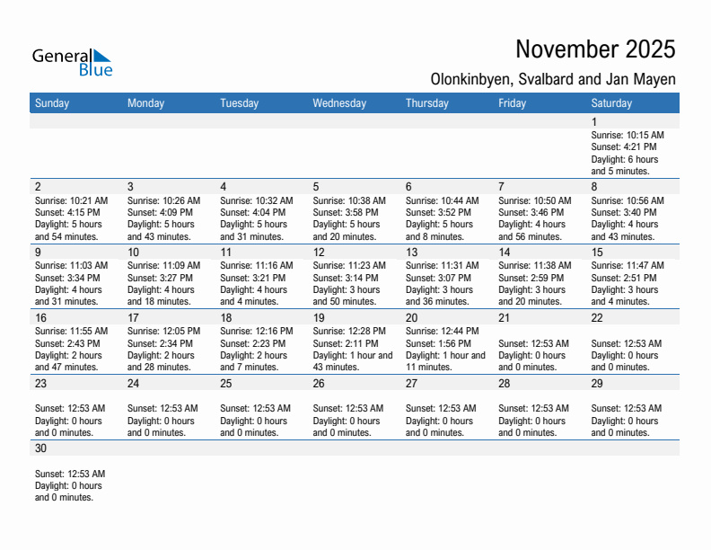 Olonkinbyen November 2025 sunrise and sunset calendar in PDF, Excel, and Word