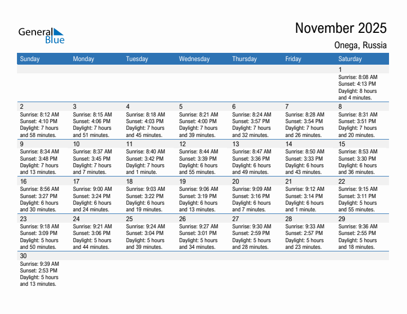 Onega November 2025 sunrise and sunset calendar in PDF, Excel, and Word