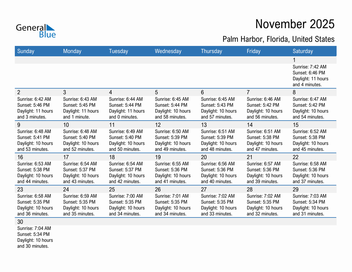 November 2025 Sunrise and Sunset Calendar for Palm Harbor (PDF, Excel