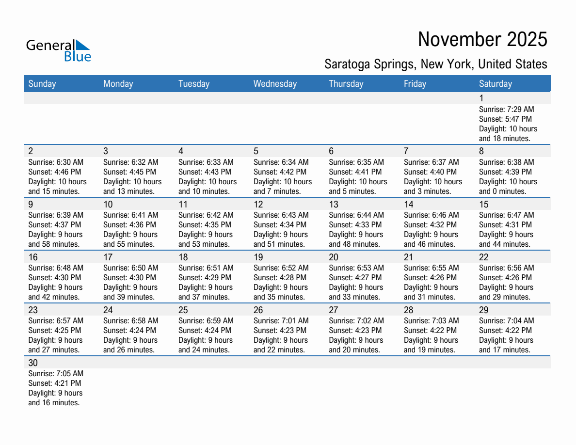 November 2025 Sunrise and Sunset Calendar for Saratoga Springs (PDF