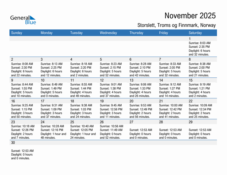 Storslett November 2025 sunrise and sunset calendar in PDF, Excel, and Word