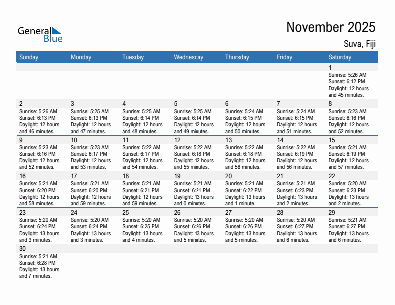 Suva November 2025 sunrise and sunset calendar in PDF, Excel, and Word